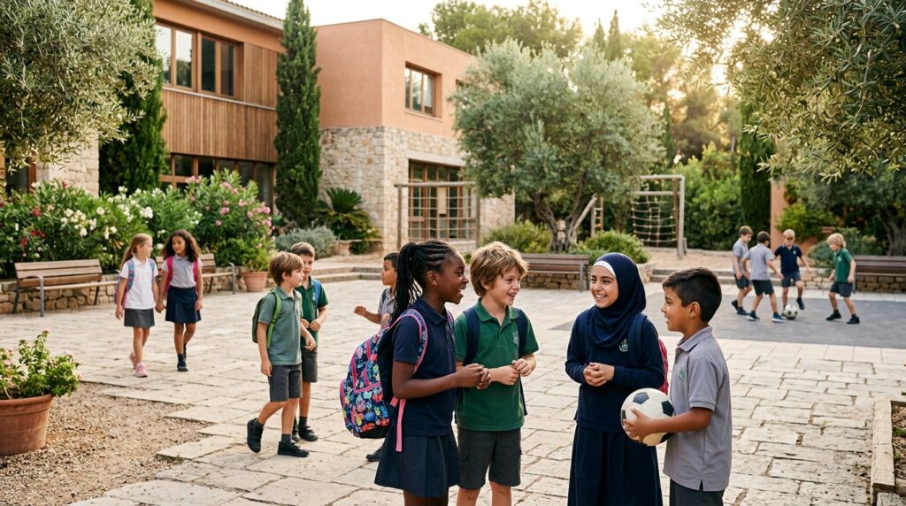 International and local students socialising at a school in Spain