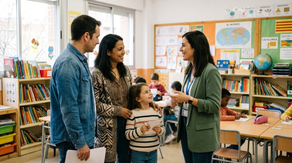 Family visiting a school in Spain before enrolling their child
