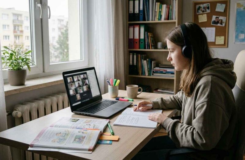 Student uczestniczący w międzynarodowej nauce online